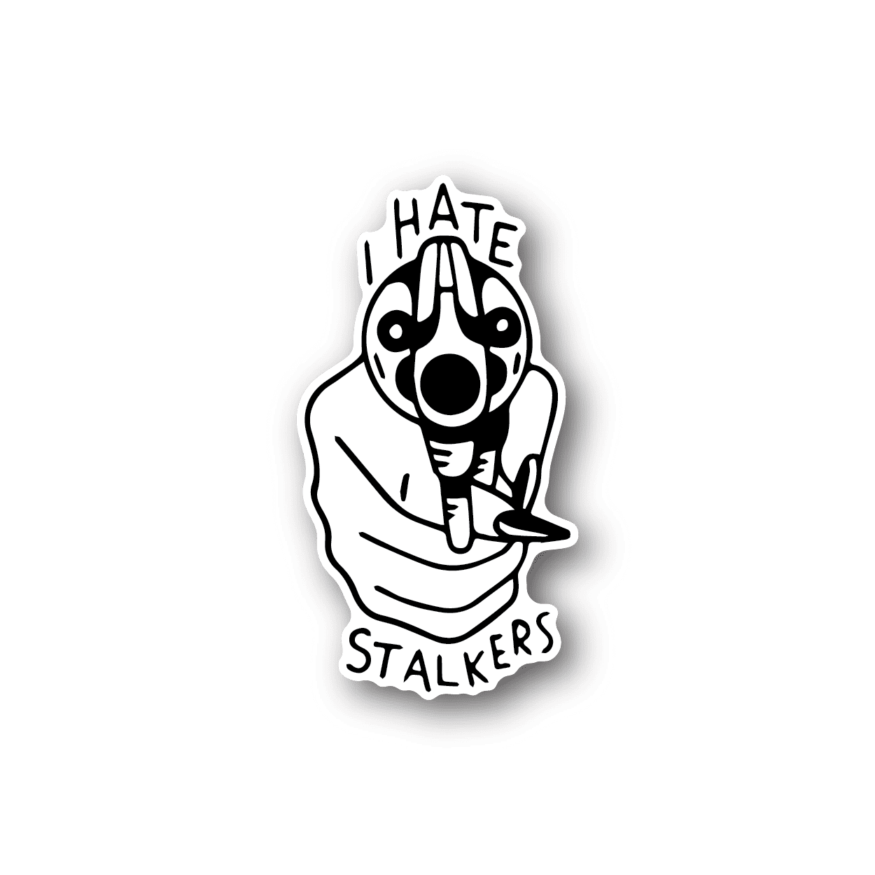 Vinyl sticker with black-and-white dog graphic and text 'I HATE STALKERS'