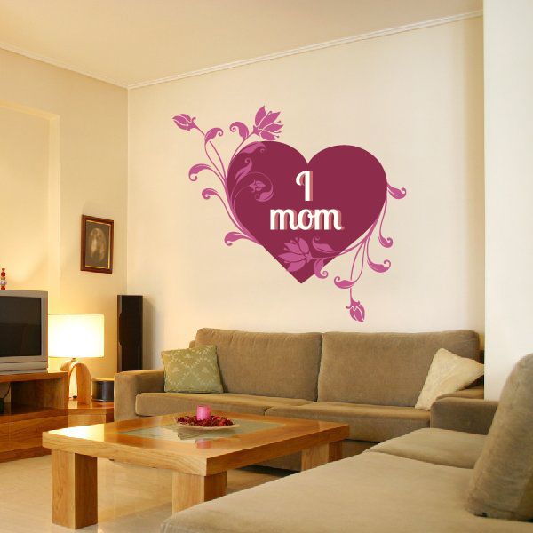 Heart wall decal with "mom" in center and purple floral vines