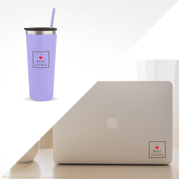 Square Real Estate logo sticker on laptop base with purple tumbler