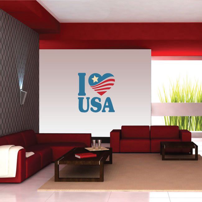 I USA die-cut decal with heart and waving flag, blue and red lettering