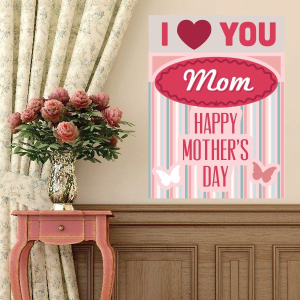 Happy Mother's Day butterfly sticker with heart and 'I love you Mom' text