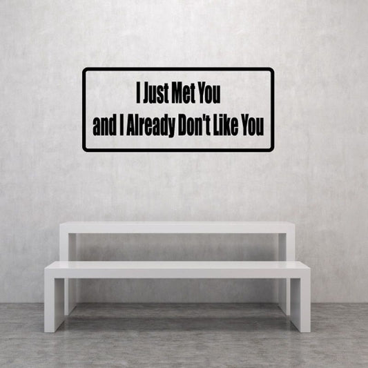 Wall decal reading 'I Just Met You and I Already Don't Like You' in black