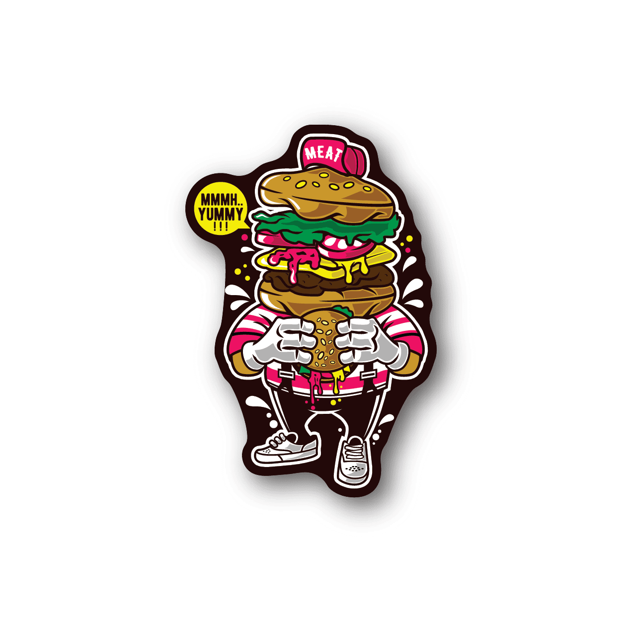 Vinyl sticker of cartoon burger character with pink hat and white gloves