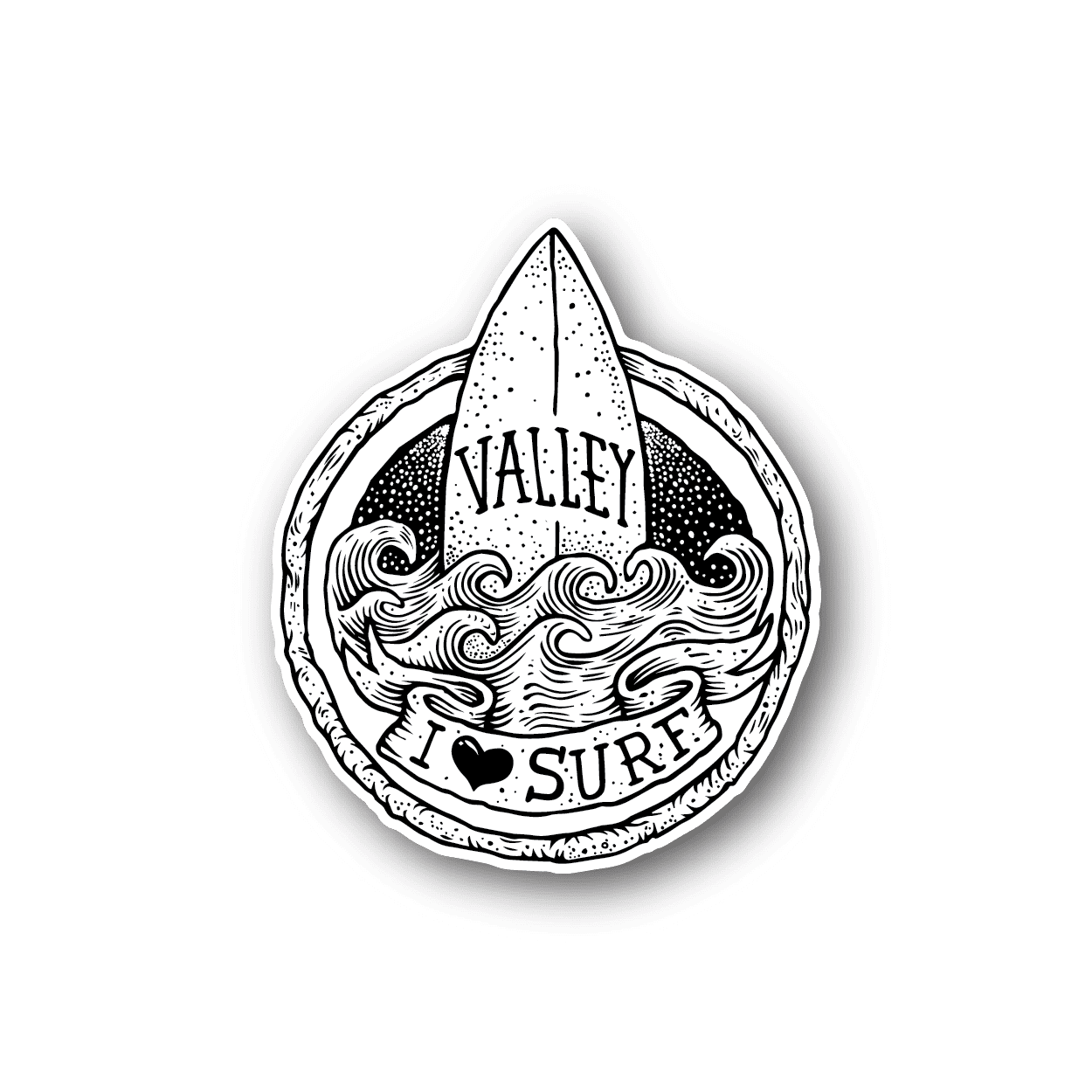 Surf Valley vinyl sticker: circle waves and "VALLEY SURF" text