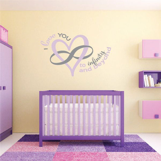 Heart-shaped 'Love You to Infinity and Beyond' wall decal, purple