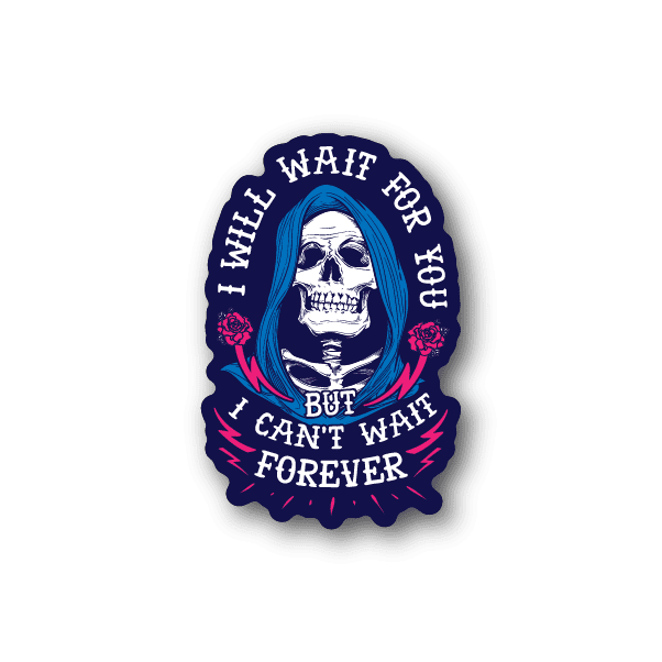 Vinyl sticker featuring a white skull with long blue hair, pink roses, and circular text