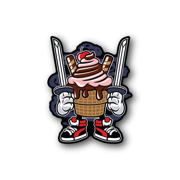 Ice cream ninja vinyl sticker with two swords and an ice cream character