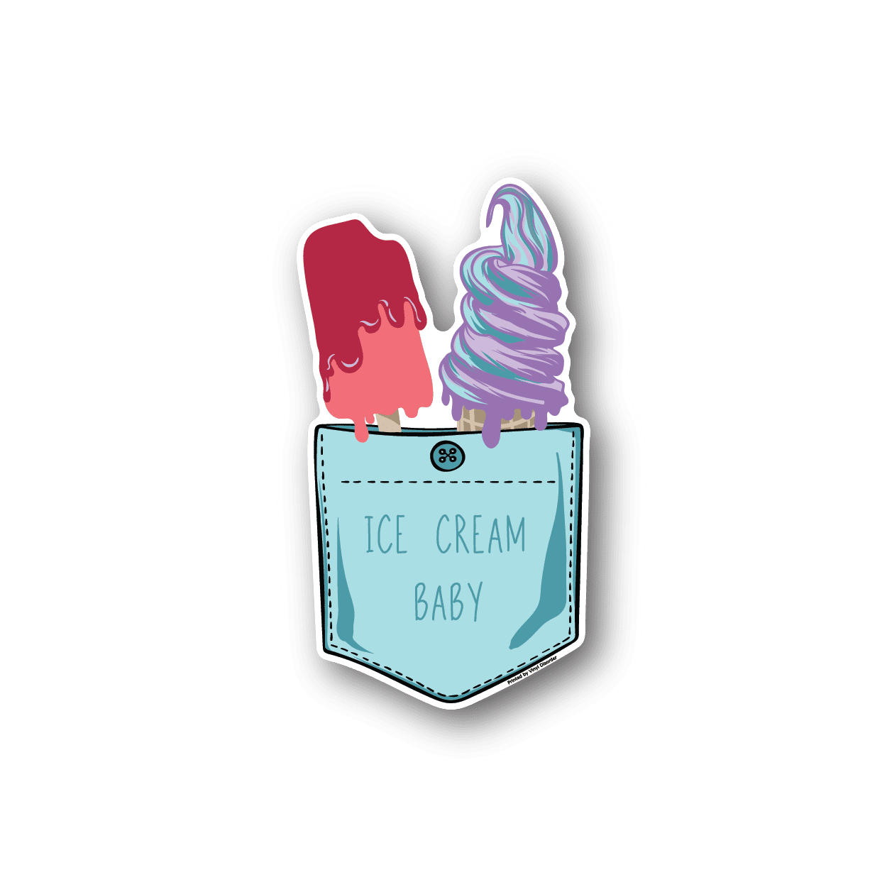 Ice cream pocket vinyl sticker with pastel pink and blue ice cream, 'ICE CREAM BABY' text