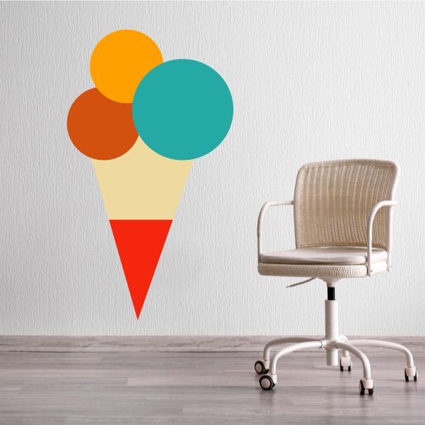 Ice cream cone vinyl wall decal with orange, teal scoops and red cone