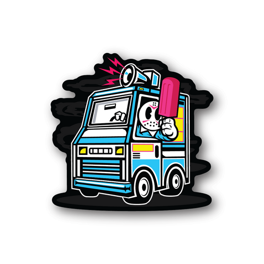 Ice cream truck vinyl sticker with colorful cartoon truck and pink ice cream cone
