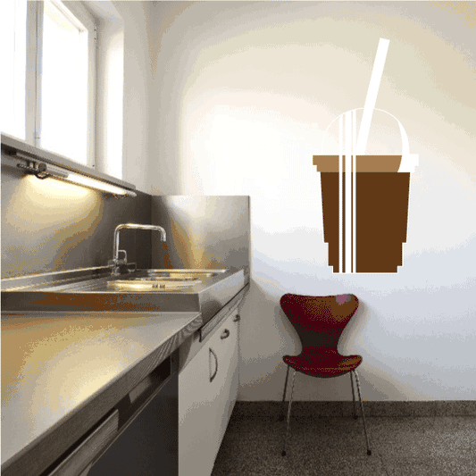 Iced coffee with straw sticker showing brown cup and white straw