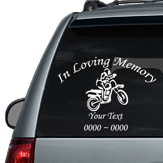 Black dirt bike memorial decal with white "In Loving Memory" text, bike icon, and custom text
