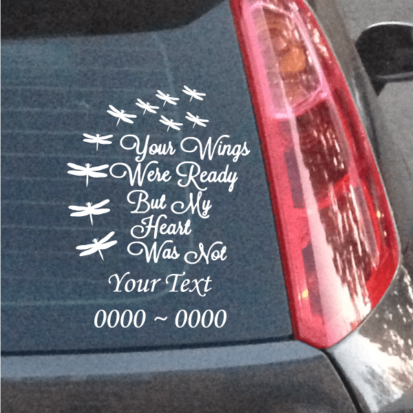 Custom memorial decal with white wings text and star-like dragonfly accents