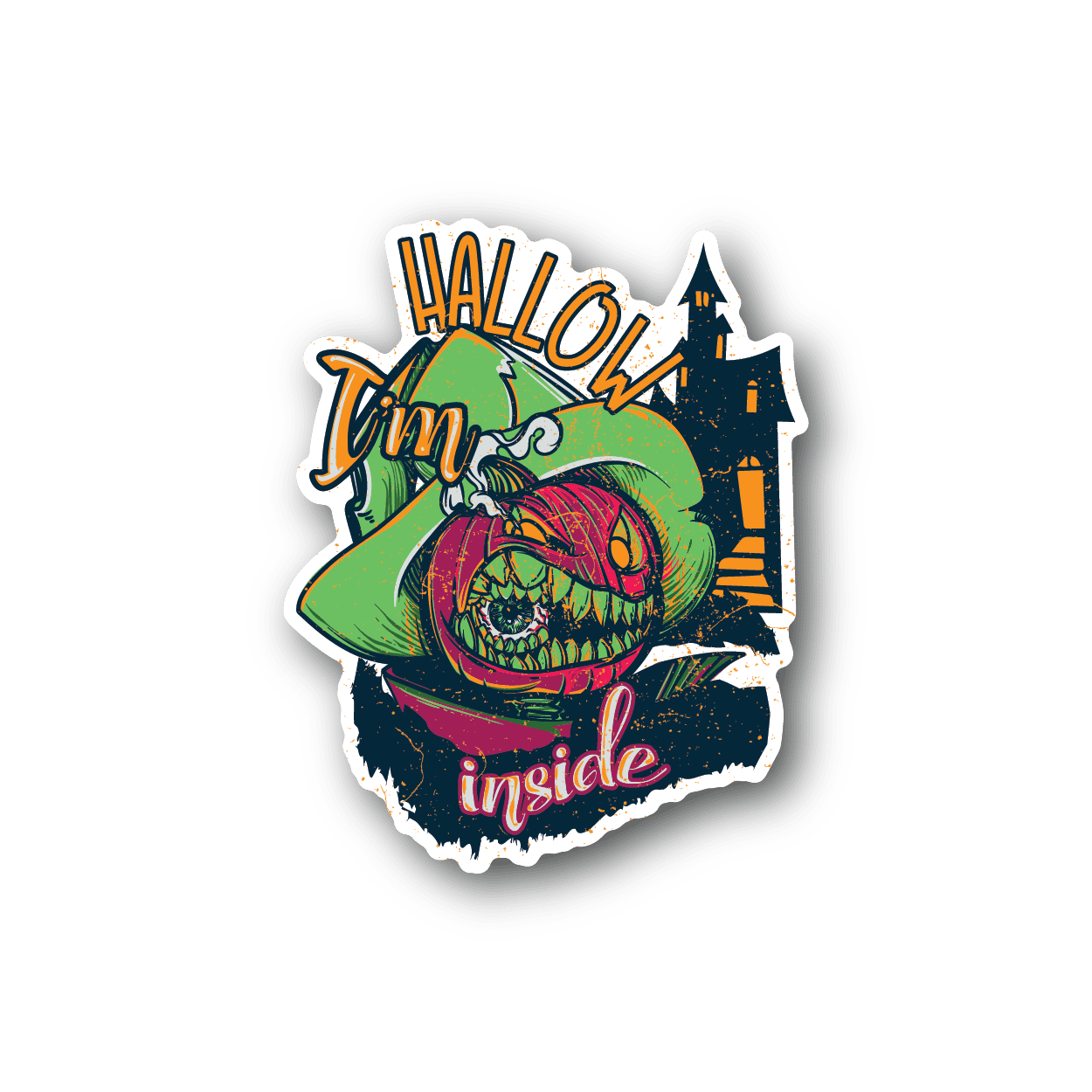 Die-cut pumpkin vinyl sticker with cartoon face and text 'HALLOW' and 'I'm inside'