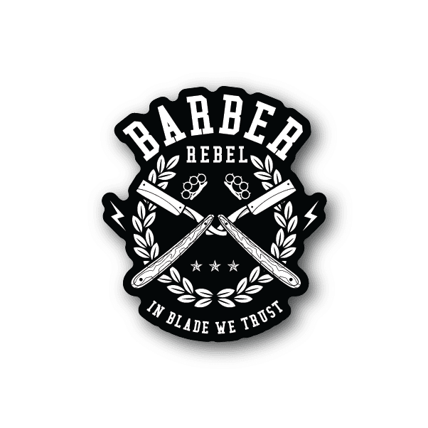 Barber vinyl sticker with Rebel text, crossed razors, laurel wreath, and stars