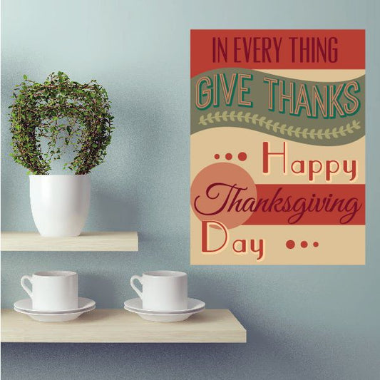 Happy Thanksgiving typography sticker, red teal and beige with 'In Every Thing Give Thanks'.