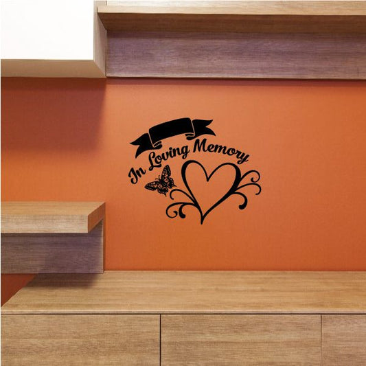 In Loving Memory butterfly heart wall decal, black lettering with heart and swirl accents