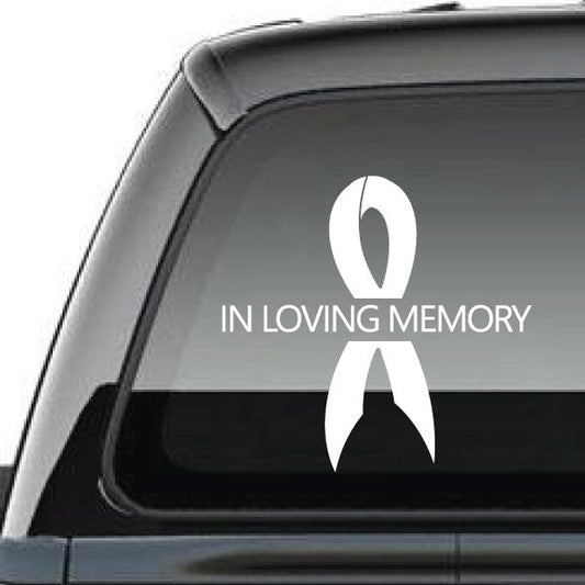 Memory ribbon vinyl decal with white ribbon and “In Loving Memory” text
