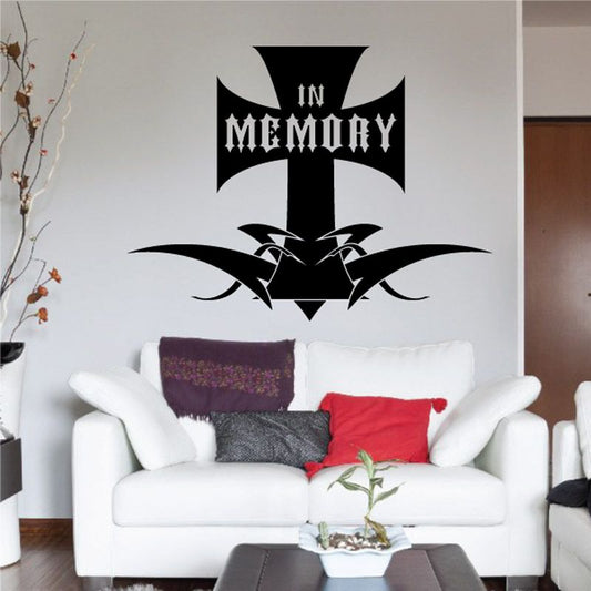 Black tribal cross wall decal with "In Memory" lettering and decorative accents