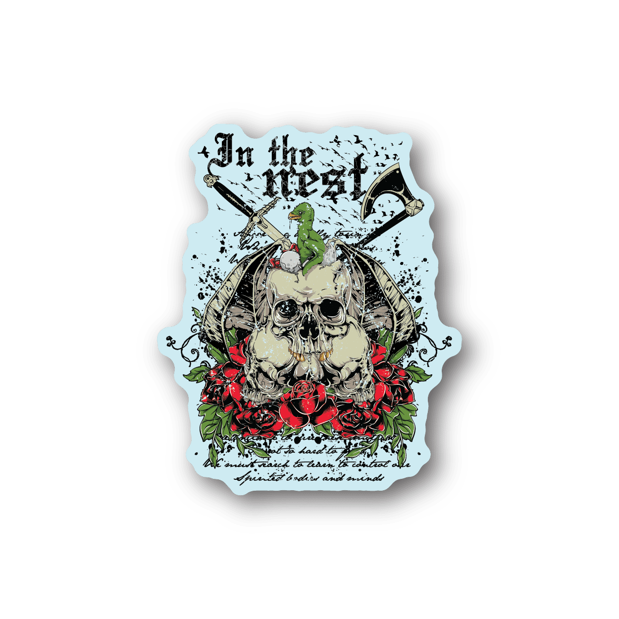 Skull and bird vinyl sticker with roses, bold illustrated graphic