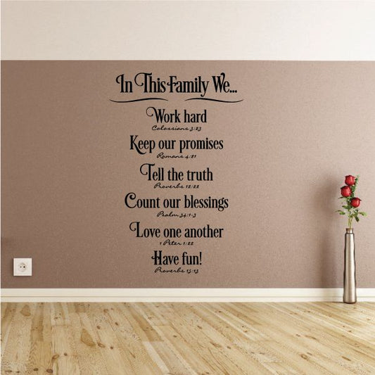 Inspirational wall decal with decorative script quote and verse text, black on light wall