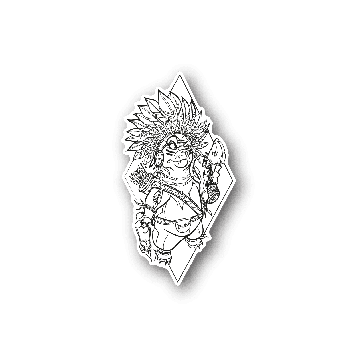 Vinyl sticker with black-and-white Indian chief line art portrait, diamond shape