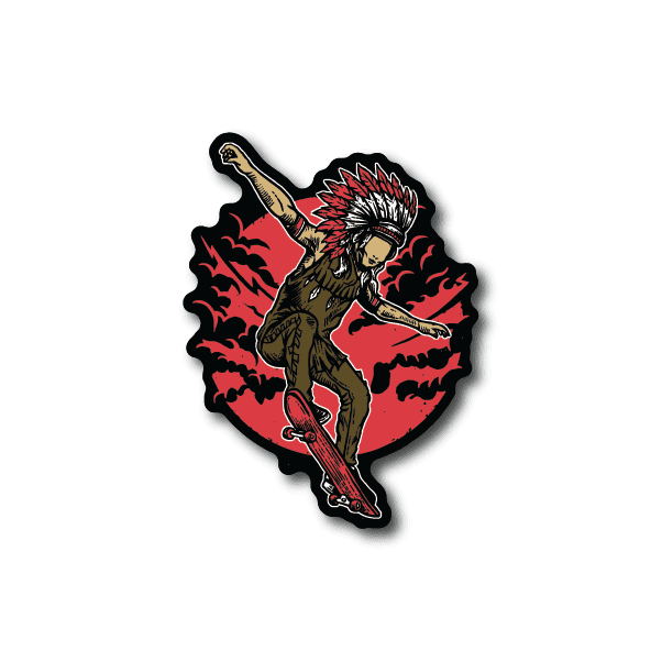 Vinyl skateboard sticker of chief skater with red flames and black outline