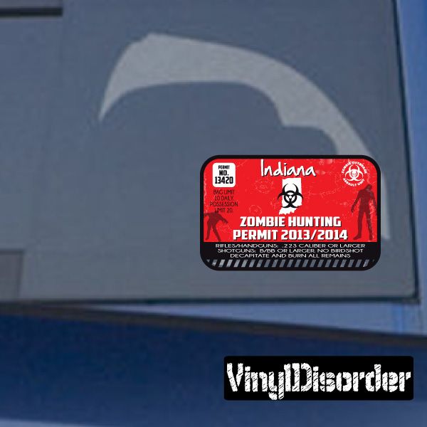 Indiana zombie hunting permit sticker with red and black badge and soldier silhouette