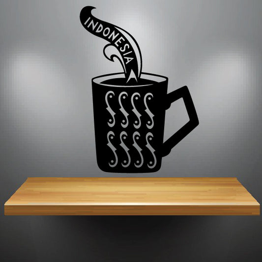 Coffee mug wall decal with steaming cup and Indonesia lettering, vinyl sticker