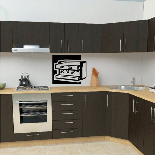 Espresso machine decal with black outline and machine icon on wall