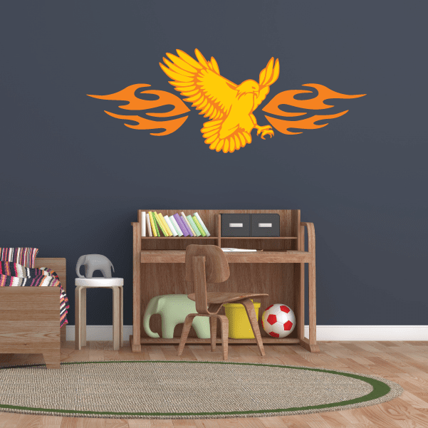 Eagle sticker with orange flame wings and open beak