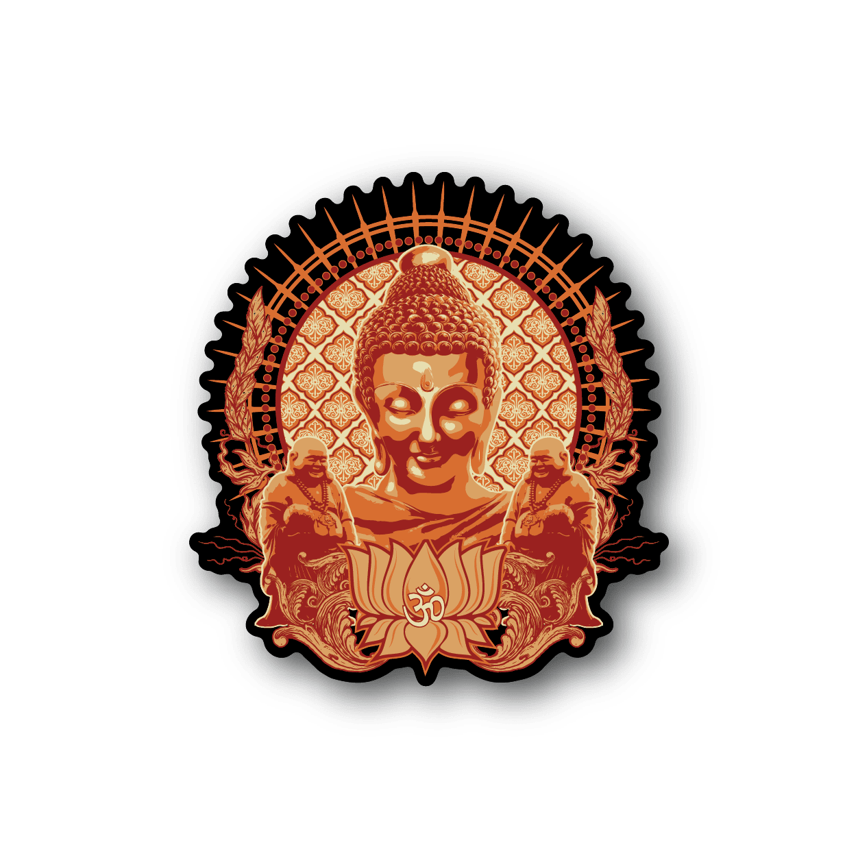 Inner Peace meditation vinyl sticker with orange-gold Buddha and mandala rays