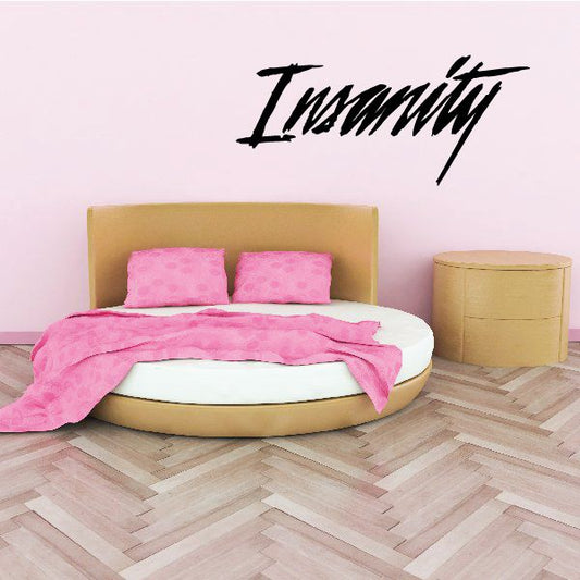 Insanity vinyl decal with bold black script lettering