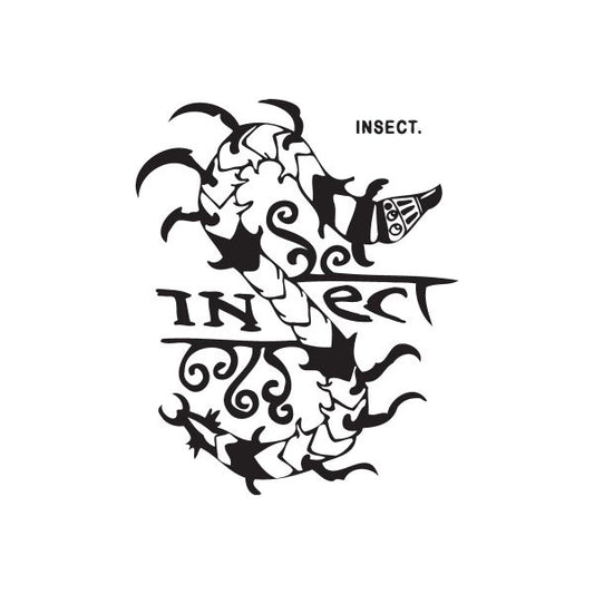 Insect graffiti decal in black and white, with stylized insect shapes and text.