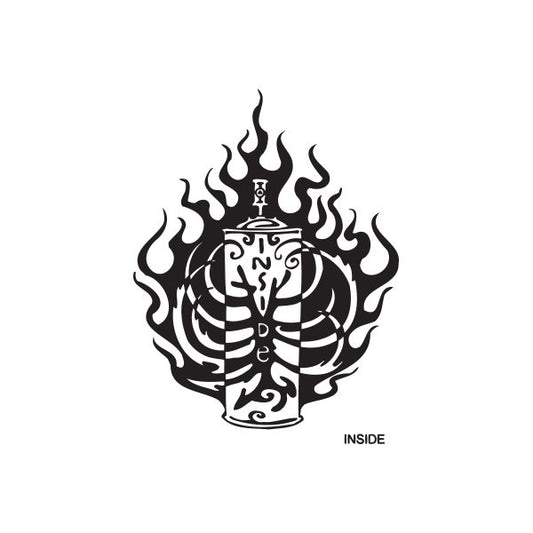 Inside spray paint can decal with black flame skull graphic and INSIDE text