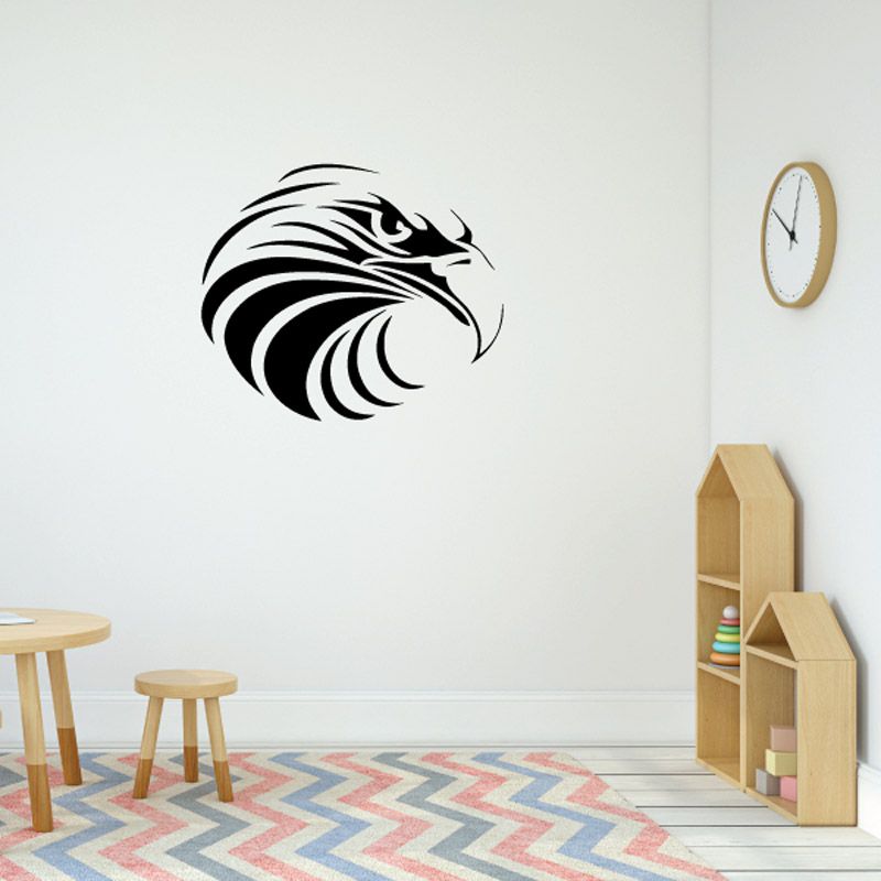 Eagle head wall decal in black with sharp beak and detailed feather lines.