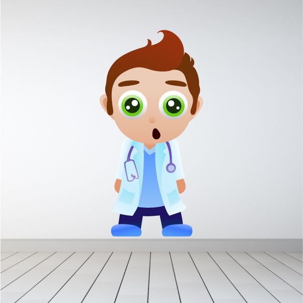 Doctor cartoon sticker with white coat, blue pants, green eyes and brown hair