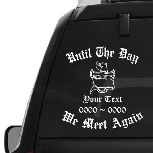 Black car decal with white gothic text and iron cross crest icon, plus custom text lines
