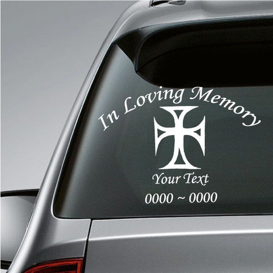 Memorial decal: white iron cross with 'In Loving Memory' and custom text.