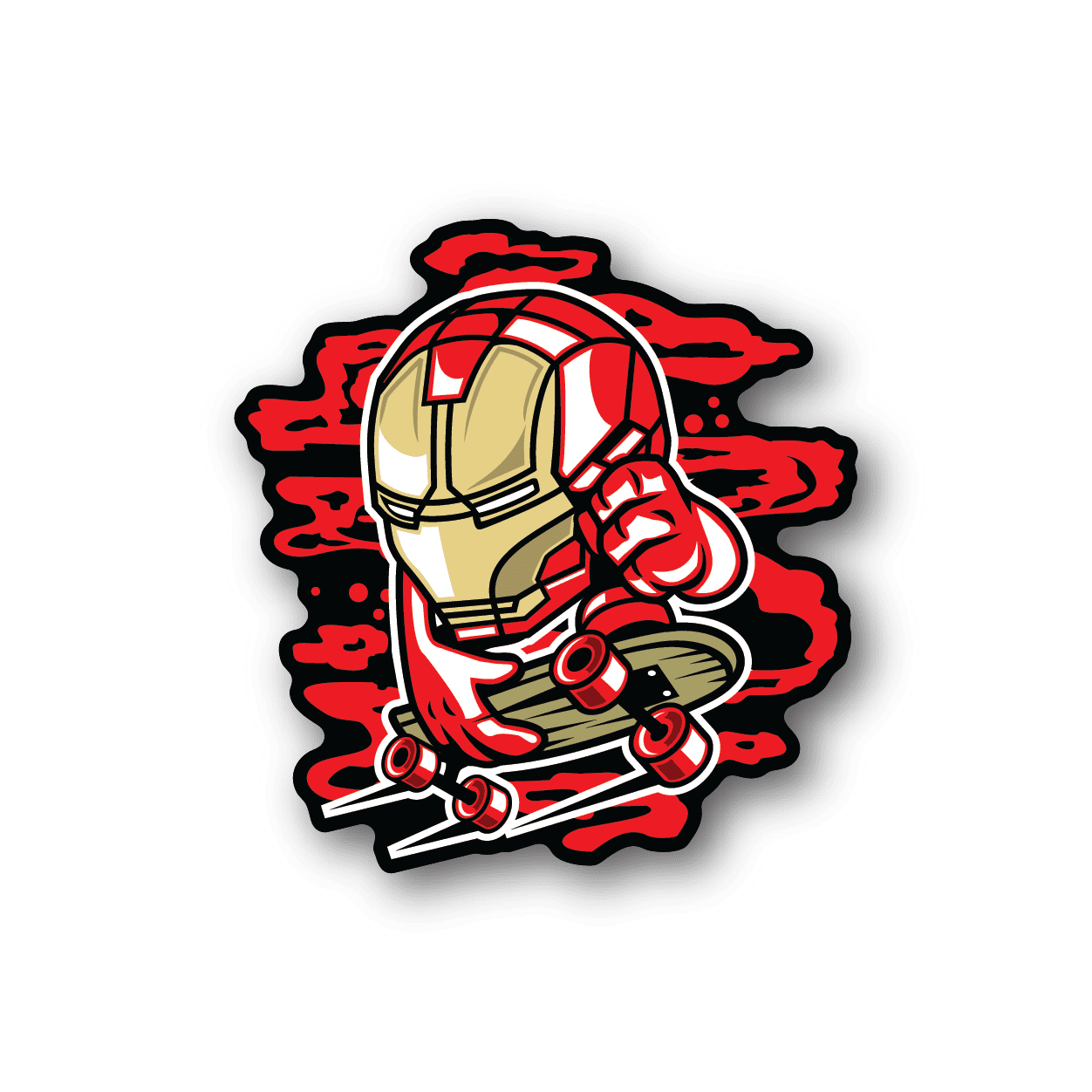 Iron skate vinyl sticker with red and white helmet graphic and skate