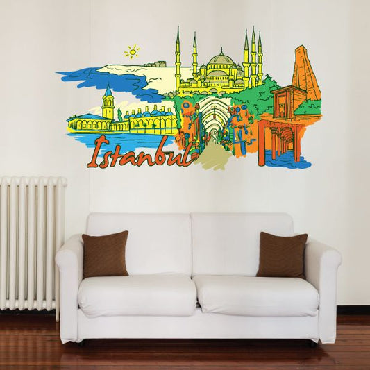 Istanbul city skyline wall sticker with colorful mosques and sunset sky
