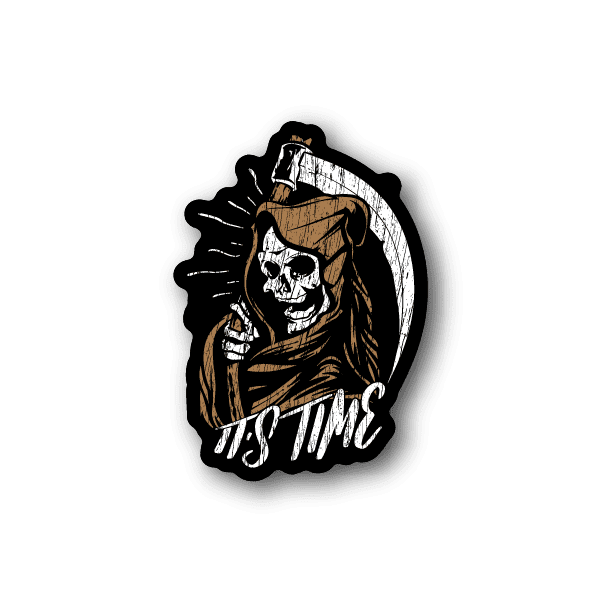 Vinyl sticker with two hooded skull figures and bold white graphic text