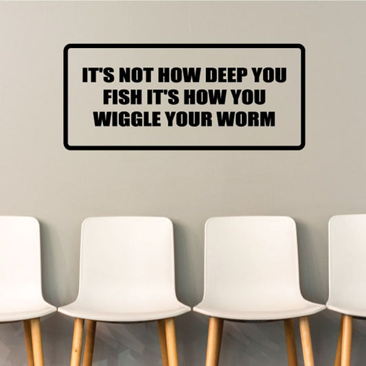 Rectangular fishing quote wall decal with bold black border and uppercase text