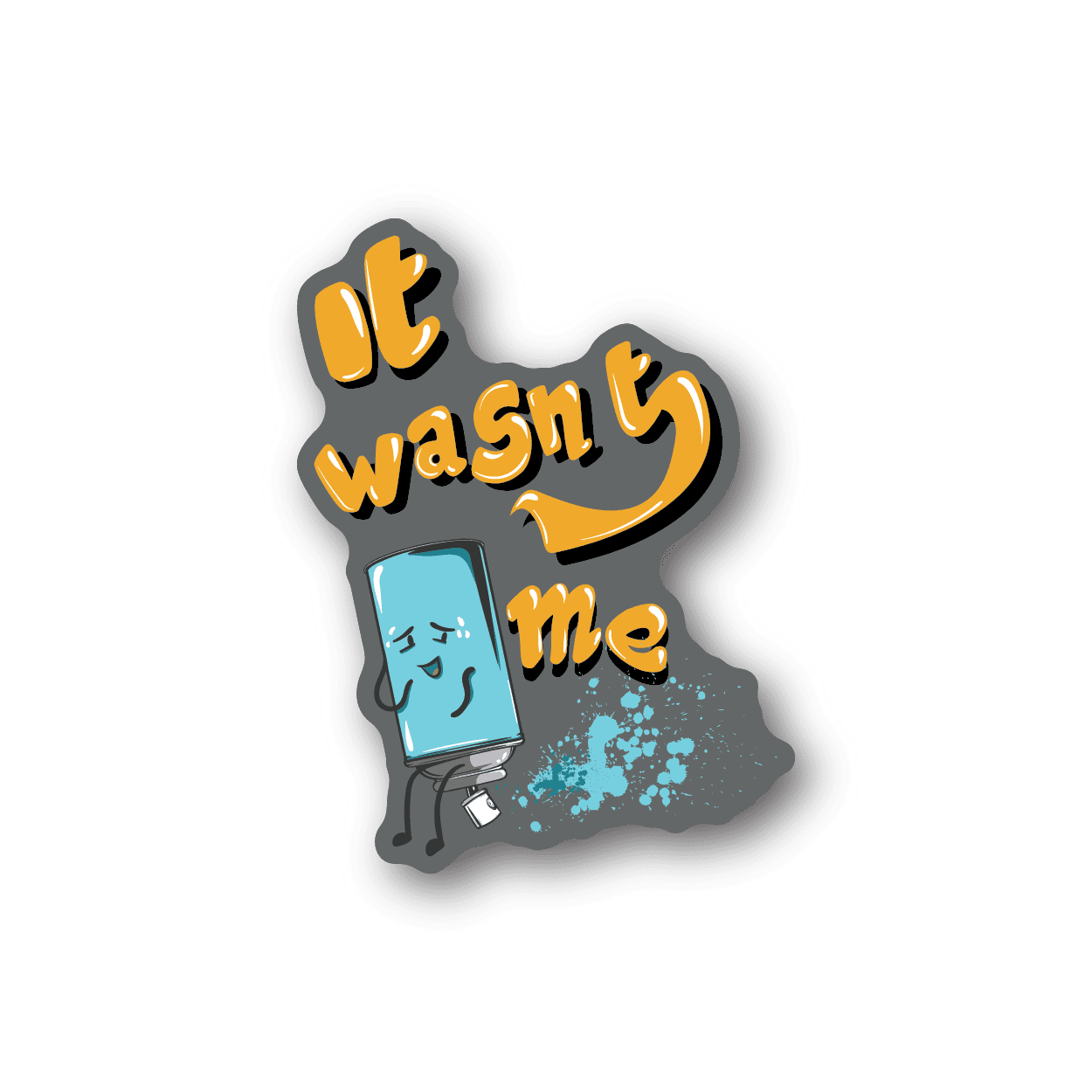 Vinyl sticker with cartoon text “wash me” and splatter graphic