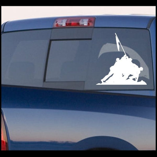 Iwo Jima car decal with white soldier holding a flag on rear window