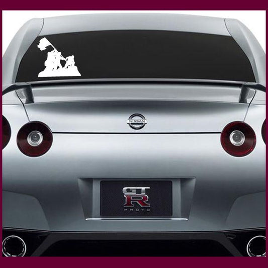 Iwo Jima flag decal with white soldier silhouette on dark rear window