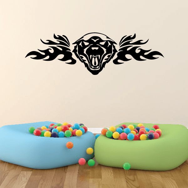 Jaguar face and flame wall decal, black graphic with curled flame accents