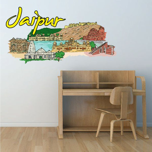 Jaipur wall sticker with city skyline illustration and stylized 'Jaipur' text