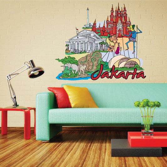 Jakarta sticker with colorful skyline illustration and 'Jakarta' lettering