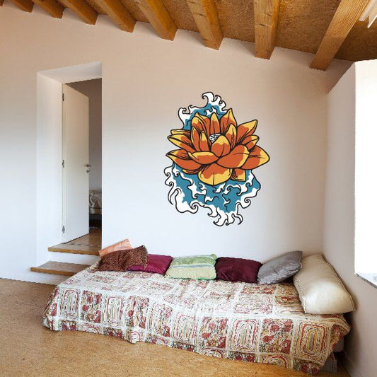Floral lily pad wall decal with orange flower and blue swirling accents